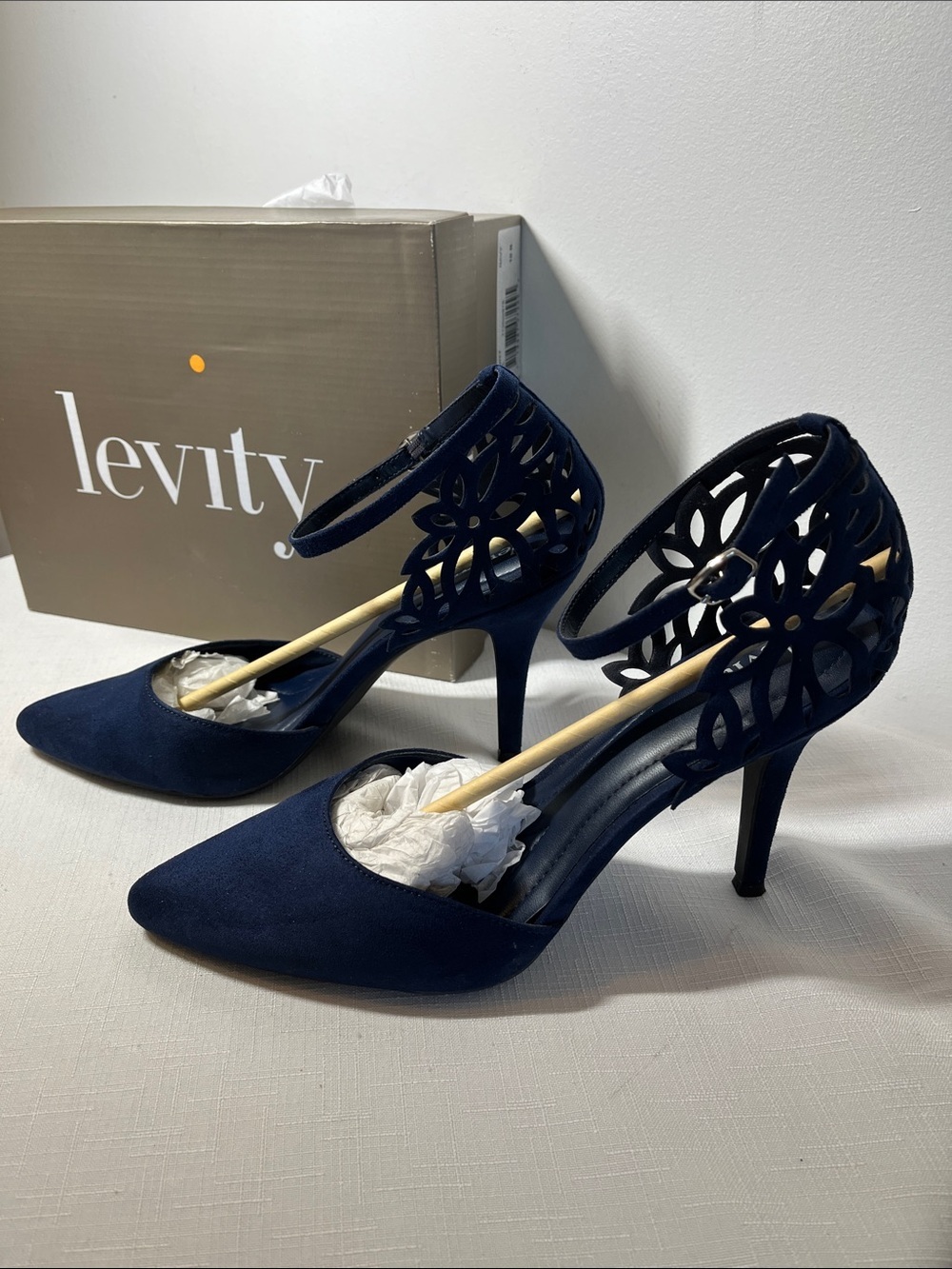 LEVITY Navy Laser-Cut Suede-like Pointed-Toe Stiletto Heels. 
Size 10. Like new